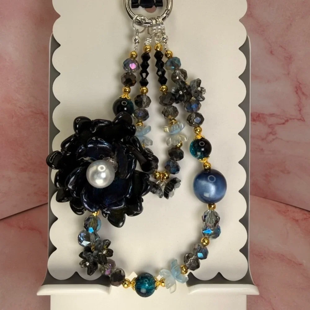 Flower Dark Blue Crystal Beaded Victorian Phone Wristlet Bag Charm Botanical